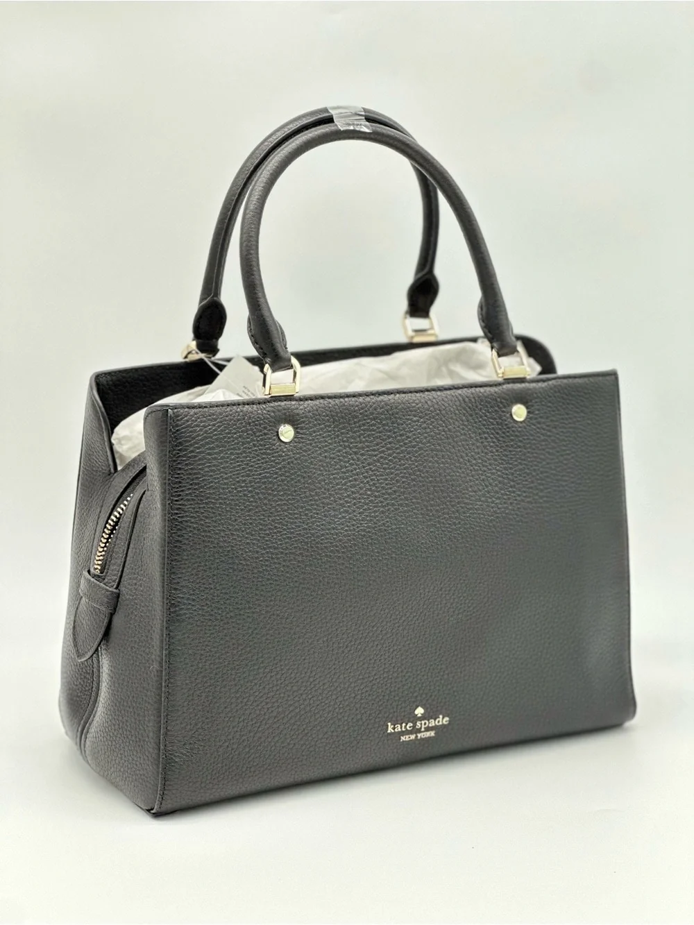 kate spade Black Pebbled Leather Structured Satchel with Gold Hardware
